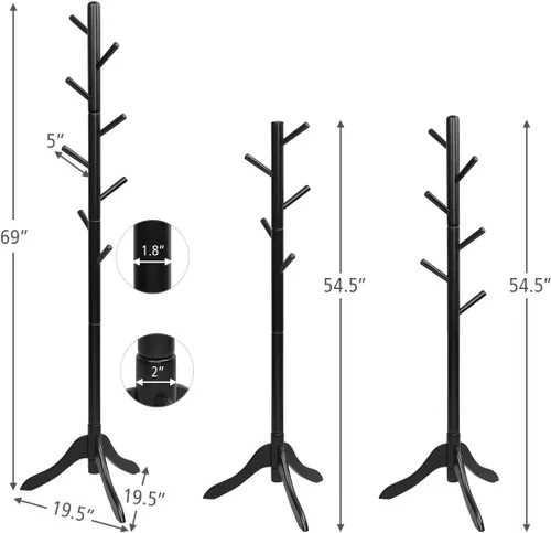 Miniatura 5 de Tangkula Perchero de madera para árbol independiente, soporte de entrada con 8 ganchos, altura ajustable, perchero para el hogar, oficina, pasillo