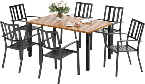 SUNSHINE VALLEY Juego de 7 sillas de comedor para patio, material metálico, 6 sillas de comedor de color teca rectangular con agujero para sombrilla