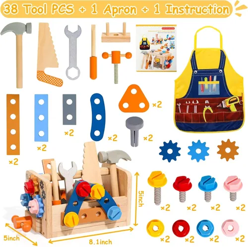 Miniatura 8 de TONZE Juego de herramientas para niños con delantal, caja de banco de herramientas de madera para niños pequeños, juguetes Montessori para niños