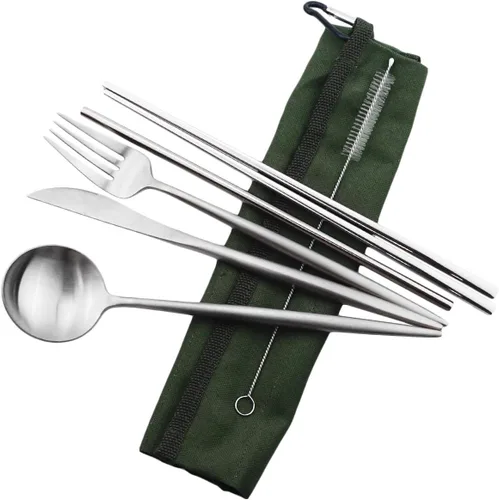 Miniatura 15 de Utensilios de viaje reutilizables, 7 piezas portátiles de acero inoxidable 304, incluyendo cuchillo, tenedor, cuchara, palillos, cepillo