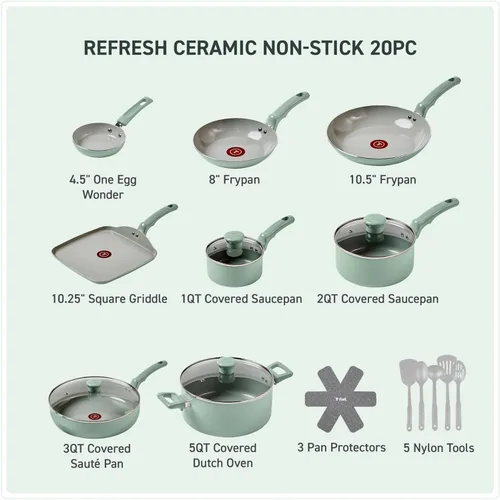 Miniatura 2 de T-Fal Refresh - Juego de utensilios de cocina antiadherentes de cerámica, 20 piezas, apto para horno hasta 350 °F, olla de cocina, ollas y sartenes