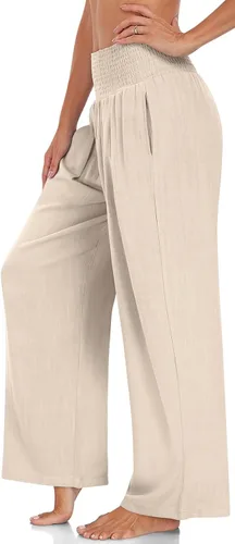 Miniatura 2 de UEU Pantalones palazzo de lino para mujer, pierna ancha, cintura alta, pantalones casuales de playa con bolsillos