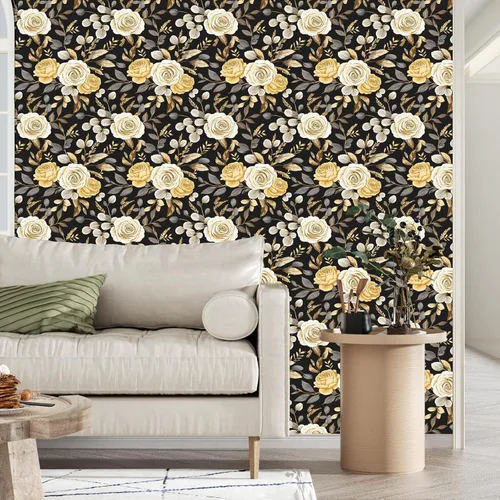 Miniatura 5 de Papel tapiz floral oscuro, papel tapiz autoadhesivo para despegar y pegar, papel tapiz de vinilo negro bohemio para armarios, papel adhesivo