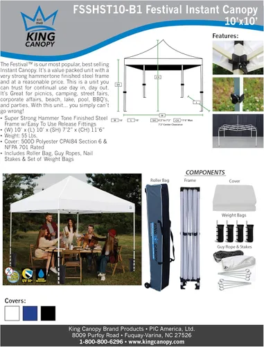 Miniatura 2 de King Canopy Festival de 10 pies por 10 pies desplegable instantáneo con bolsas de peso, cuerdas y estacas, marco de acero de 1 pulgada, azul
