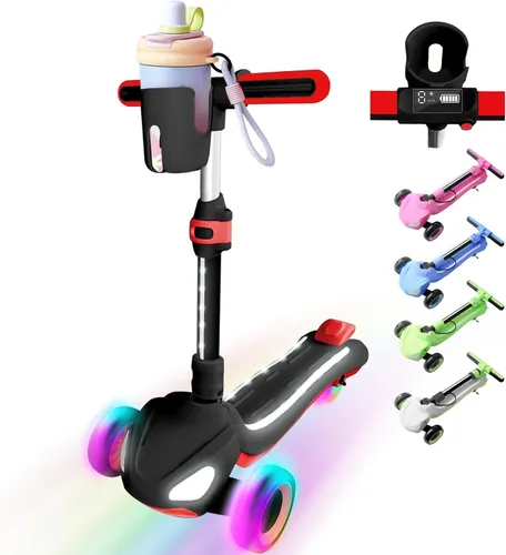Miniatura 10 de Patinete eléctrico de 3 ruedas para niños de 3 a 10 años, con cesta de almacenamiento, pantalla LCD, luces de cuerpo completo, cubierta ancha, L