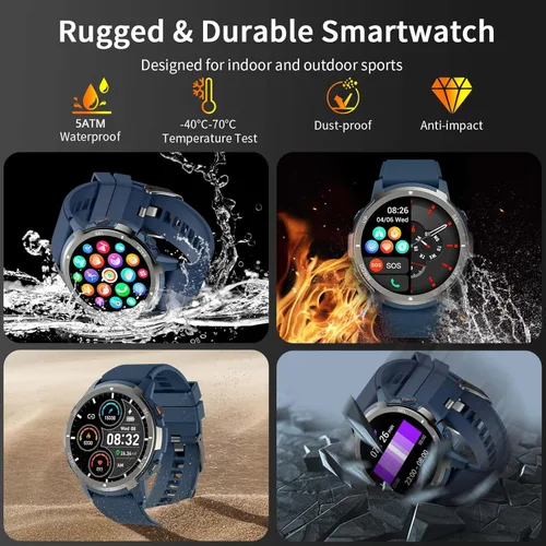 Miniatura 3 de Smart Watches for Men with 4 Buttons, 1.43'' AMOLED Fitness Watch with Heart Rate/BP/Sleep Tracker, Pedometer, 110+ Sport Modes, Password, Blue