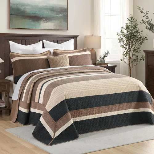 Finlonte Colcha tamaño Queen, 100% algodón, cubrecamas de gran tamaño, tamaño Queen, color marrón carbón, beige, acolchado, a rayas, estilo granja,