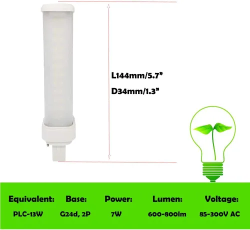 Miniatura 4 de 2 piezas G24d 2Pin 7W 5.7 pulgadas CFL 2U PL-C 13 W Horizontal LED de repuesto giratorio PL horizontal empotrable techo equivalente