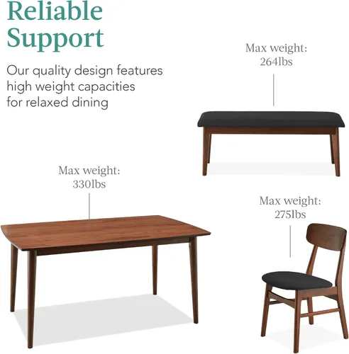 Miniatura 6 de Best Choice Products Juego de comedor de madera de 6 piezas, mesa moderna de mediados de siglo y sillas tapizadas con asiento de banco, patas
