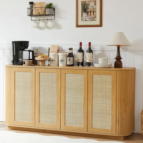 Miniatura 9 de Aparador de 64 pulgadas, soporte de madera para centro de entretenimiento moderno, consola multimedia con 4 gabinetes para almacenamiento, soportes