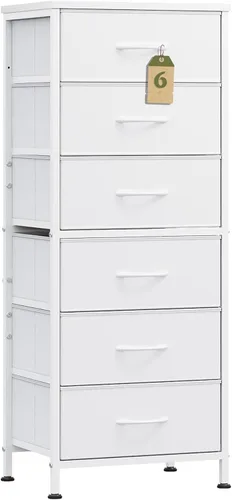WLIVE - Cómoda alta blanca para dormitorio, 6 cajones y cómodas, cómoda de tela para armario, sala de estar, mesa de noche con marco de metal, torre