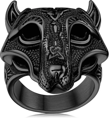 FaithHeart Norse Viking Jewelry - Anillo de acero inoxidable de guerrero para hombre con diseño vikingo de cabeza de lobomartillo de Thor,