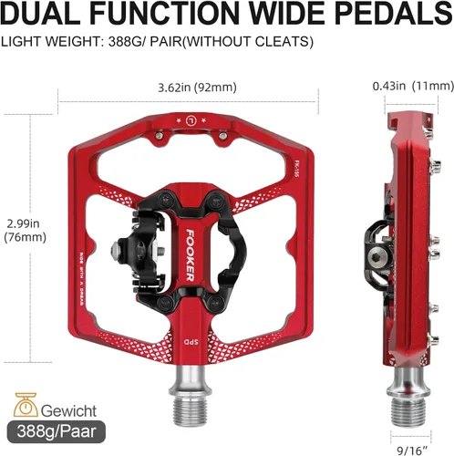 Miniatura 2 de FOOKER Pedales de bicicleta de montaña MTB, doble función plana y pedal, 3 rodamientos sellados plataforma plana compatible con pedal sin clip Rojo