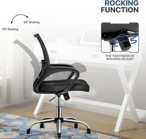 Miniatura 5 de MoNiBloom Silla de oficina de malla negra + alfombrilla para silla, silla giratoria ergonómica con respaldo medio con soporte lumbar y reposabrazos