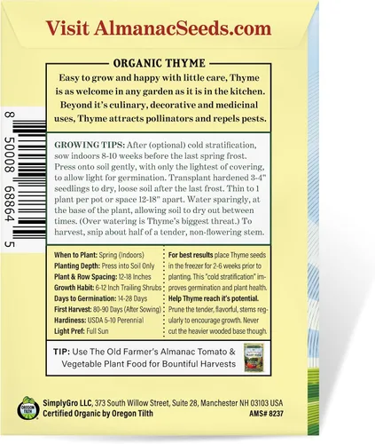 Miniatura 2 de The Old Farmer's Almanac Semillas de tomillo orgánico – Aproximadamente 160 semillas – Certificado orgánico, sin OMG, polinizado abierto, reliquia