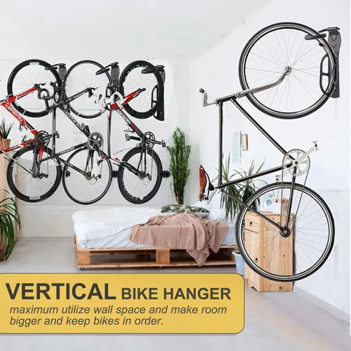 Miniatura 6 de Soporte de pared para garaje, 2 unidades, ganchos verticales para colgar bicicletas, para almacenamiento en interiores Negro-Paquete de 2