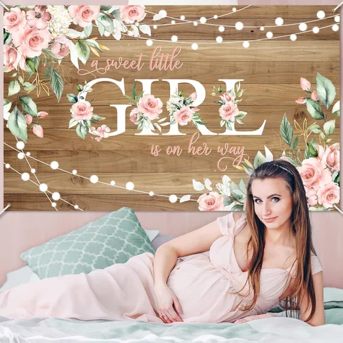 Miniatura 5 de Avezano Cartel rústico para baby shower con texto en inglés "A Sweet Little Girl is on Her Way", decoración de fiesta de baby shower, pancarta