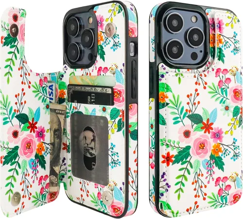 Miniatura 21 de HAOPINSH Funda tipo cartera para iPhone 14 Pro con tarjetero, patrón de flores pálidas en la parte trasera, de piel sintética, con ranuras para Flor