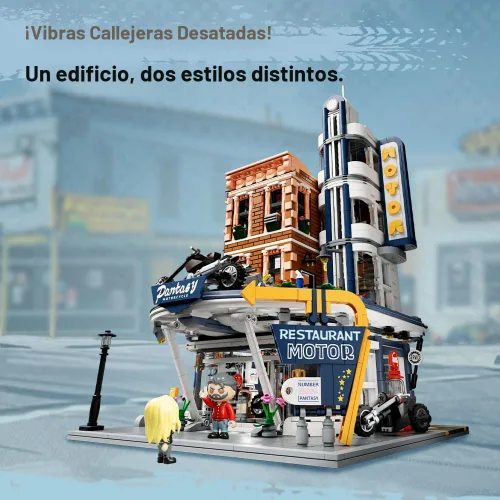 Miniatura 2 de PANTASY Conjunto de Construcción de Restaurante y Bar de Motocicleta Retro - Kit de Arquitectura Modular de Esquina de Calle con Puertas
