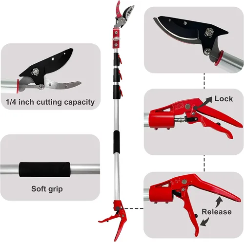 Miniatura 4 de Podadora de árboles extensible de 5.4 a 14.8 pies, 4 secciones, cortadoras telescópicas de corte y sujeción, sierras de poste, tijeras de podar
