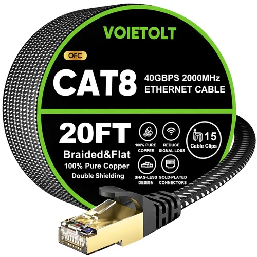 Cable Ethernet Cat 8 de 20 pies plano, cable de Internet trenzado de alta velocidad de 40 Gbps 2000 MHz con RJ45 chapado en oro SSTP, cable LAN de