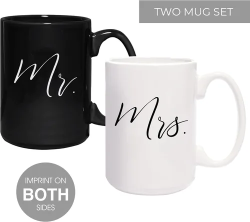 Miniatura 2 de Canopy Street Mr And Mrs - Tazas a juego, 2 tazas de cerámica grandes de 15 onzas blancas y negras, elegante juego de regalo de taza de café, una