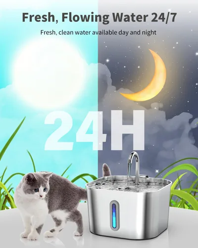 Miniatura 7 de Lawfery Fuente de agua para gatos de acero inoxidable, fuente automática de agua para gatos de 74 oz/2.2 L, dispensador de agua para mascotas