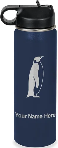 Miniatura 49 de LaserGram Botella de agua personalizada, pingüino, acero inoxidable de doble pared aislada al vacío con popote superior, regalo grabado