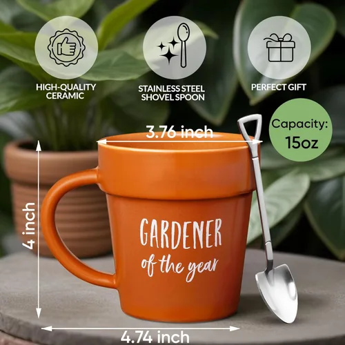 Miniatura 2 de VELENTI Taza de Café Jardinero de Regalo - Divertido Vaso con Maceta y Cucharón - Tazas de Café Geniales para Hombres, Mujeres - Taza