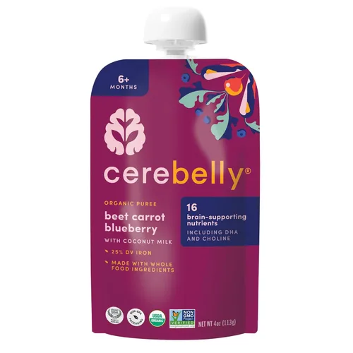 Miniatura 31 de Cerebelly Bolsas de comida orgánica para bebés, purés de remolacha zanahoria y arándanos, 16 nutrientes, sin azúcar añadido, fibra y sin OMG, 4