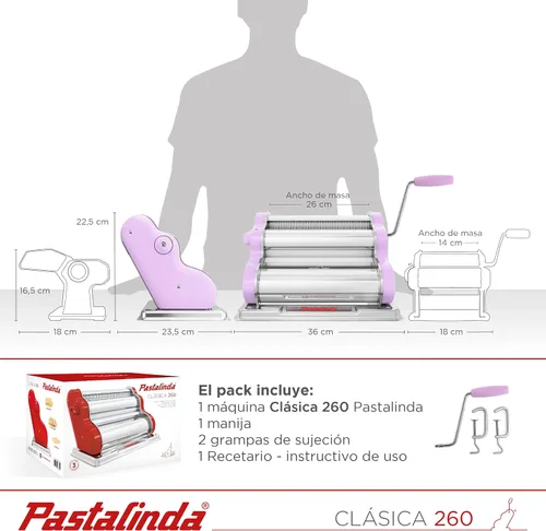 Miniatura 8 de PASTALINDA Máquina para hacer pasta Classic 260, rodillos de 10.2 in de ancho, 9 posiciones de grosor, 2 posiciones de corte, acero inoxidable, Lila