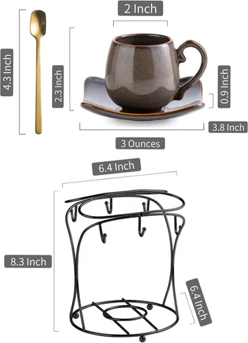 Miniatura 2 de LYEOBOH Juego de 6 tazas de café expreso de 3 onzas con platillos, tazas de café pequeñas de cerámica con soporte y cucharas, lindas tazas demitasse