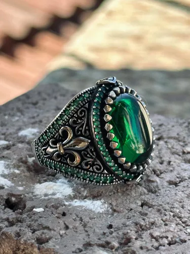 Miniatura 2 de Silver Handmade Ring, Emerald Stone Ring, Silver Green Zircon Stone Ring, Engraved Silver Ring, Ottoman Style Ring, Gift For Him