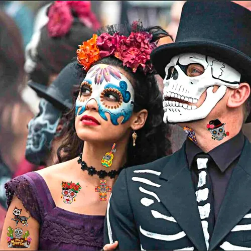 Miniatura 6 de HOWAF 96 tatuajes de cara del Día de los Muertos, disfraz de Día de los Muertos, tatuajes temporales del Día de los Muertos, calcomanías de calavera