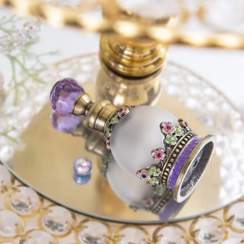 Miniatura 6 de YU FENG Botella de perfume de cristal antiguo de 15 ml, botella pequeña con flor embellecida, redonda, recargable, elegante, retro, botella de Morado