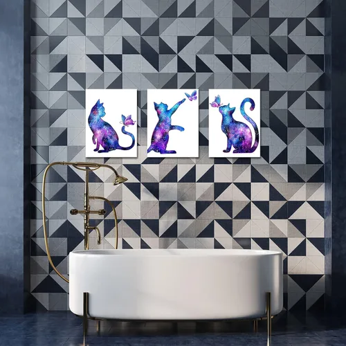 Miniatura 5 de KLVOS Arte de pared de animales lindos para decoración de habitación de niños, diseño de mariposas moradas y gatos estrellados, impresiones