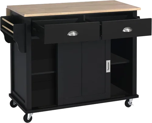 Miniatura 2 de Olela Carrito de isla de cocina con hojas colgantes de madera, mesa de cocina rodante con armario de almacenamiento y toallero, estante ajustable
