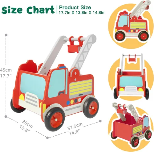Miniatura 6 de Labebe Andador de madera para bebés, juguete de aprendizaje para niños pequeños de 1 a 3 años, camión de bomberos con ruedas