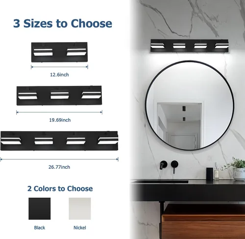 Miniatura 5 de Joossnwell Luz de Tocador de Baño (4 Luces, 26.77 Pulgadas) Luminarias de Baño Negras Sobre Espejo LED Iluminación Moderna de Tocador Luces de Baño