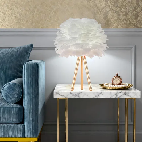 Miniatura 5 de ZYLEIESENBAO - Lámpara de pluma blanca con textura de piel de mesa H16'' Moderna lámpara de escritorio de princesa con trípode, luz esponjosa