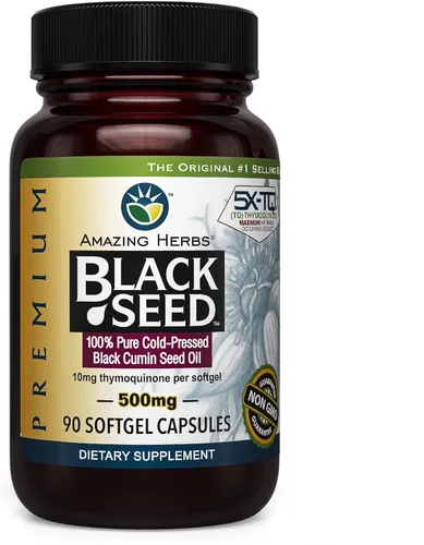Amazing Herbs - Aceite de comino negro o semilla negra (Nigella Sativa) prensado en frío en cápsulas, favorece el sistema digestivo, inmunitario y