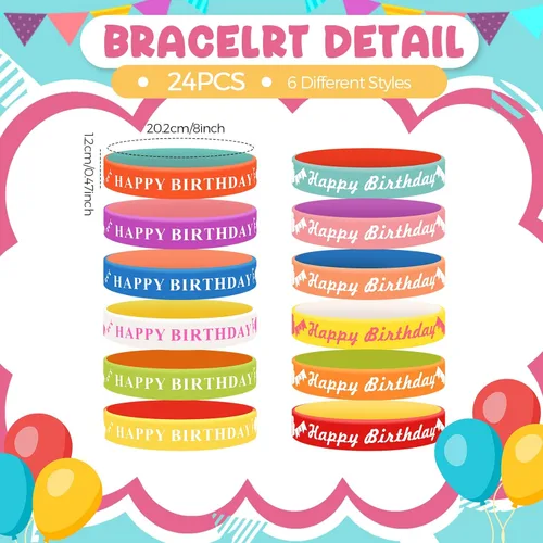 Miniatura 3 de Sabary Juego de 48 pulseras de goma para lápices de feliz cumpleaños, recuerdos de fiesta de cumpleaños, pulseras de silicona para niños, Arcoír