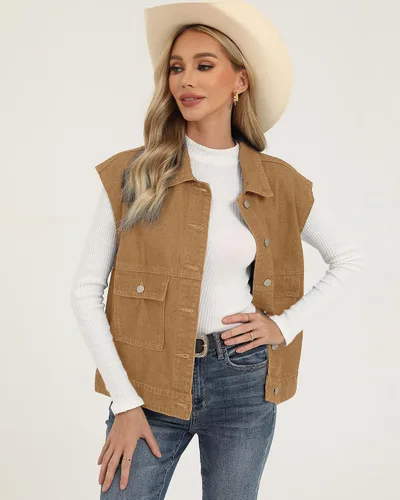 Miniatura 3 de luvamia Denim para mujer, de gran tamaño, con botones, sin mangas, chaqueta vaquera a la moda, casual, ropa de abrigo occidental con bolsillos