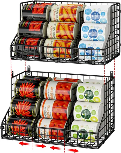 JKsmart Paquete de 2 organizadores apilables de latas para almacenamiento de despensa, dispensadores de latas con 4 divisores ajustables, cesta de