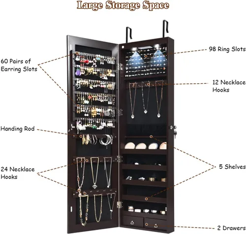 Miniatura 84 de Giantex Armario de joyería para puerta de pared con espejo de longitud completa, 2 LED con cerradura grande organizador de joyas con espejo ancho