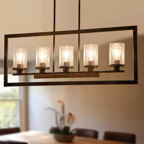 Miniatura 11 de Lámpara de Araña Lineal Moderna de Granja de 5 Luces para Isla de Cocina y Comedor – Luminaria Colgante Rústica Ajustable con Marco de Metal Negro