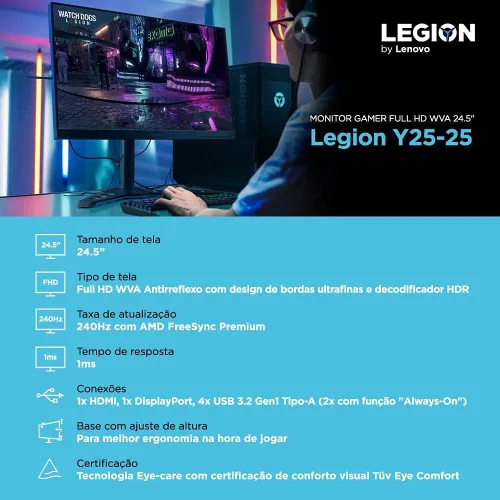 Miniatura 7 de Lenovo Legion Y25-25 - Monitor para juegos FHD LCD de 24.5 pulgadas, 16:9, retroiluminación LED, AMD FreeSync Premium, 240Hz, tiempo de respuesta