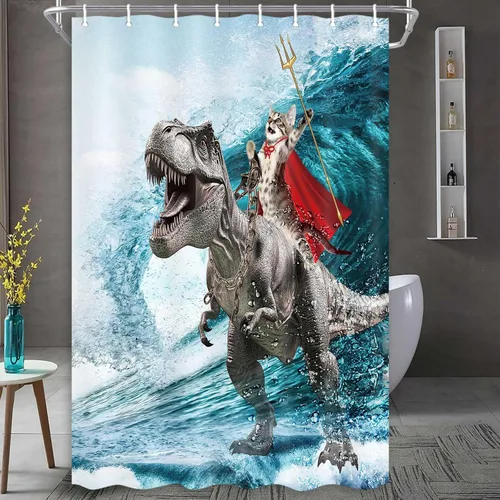 Divertida Cortina de Ducha de Gato, Cortina de Ducha de Gato Genial con Dinosaurio y Ola Oceánica Japonesa, Cortina de Ducha Divertida de Gato