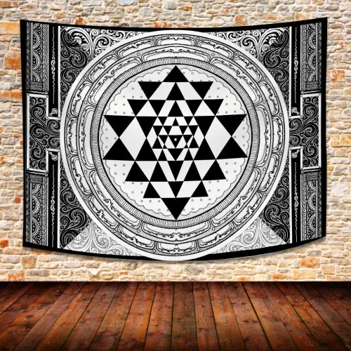 Miniatura 7 de SHRAPHY Tapiz Sri Yantra de 60 x 40 pulgadas, tapiz de meditación sentado, geometría sagrada, tapiz de arte blanco y negro para colgar en la pared