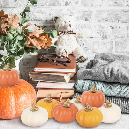 Miniatura 5 de AnyDesign 12 calabazas artificiales de otoño, mini calabazas de espuma falsas color naranja, verduras de cosecha sintética para otoño, Acción